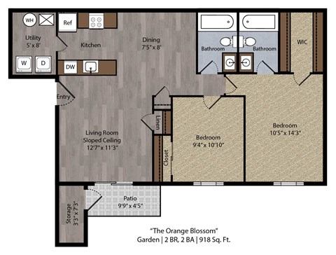 Floor plan for 2 beds, 2 baths, 918 sqft